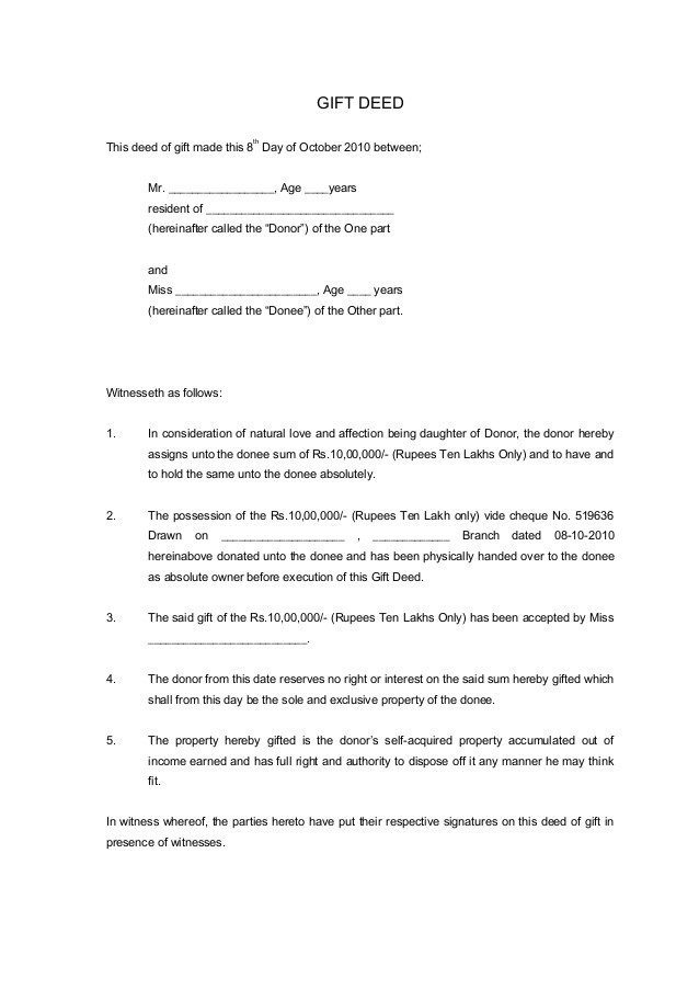 Gift Deed Registration, property gift deed format, stamp duty