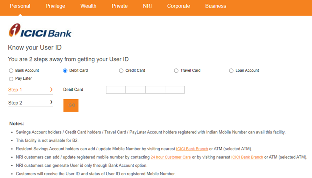 How to get ICICI user ID without account number
