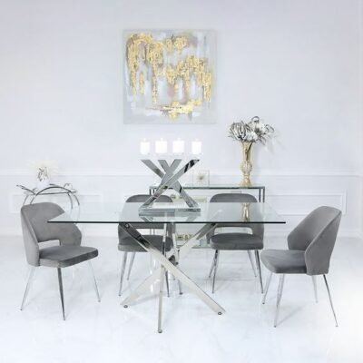 Sleek glass and chrome dining table