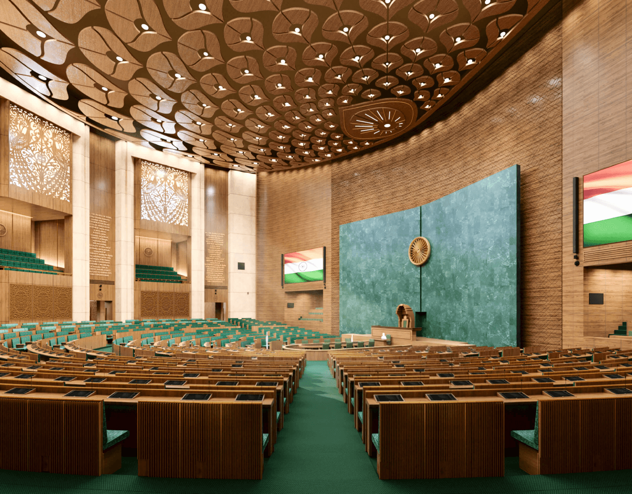 new-parliament-in-photos-peacock-themed-lok-sabha-lotus-themed-rajya